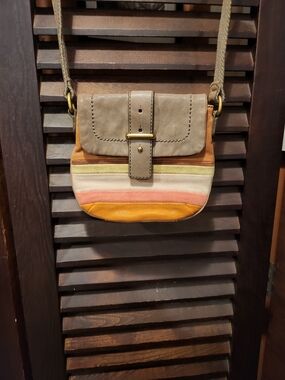 Fossil Striped Canvas Crossbody in Taupe, Orange, Pink, Cream, Yellow
